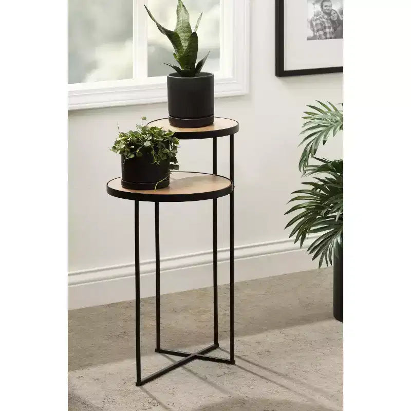 Round Metal Side Table, 12x15x24, Natural and Black