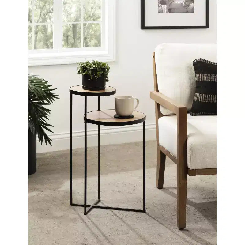 Round Metal Side Table, 12x15x24, Natural and Black